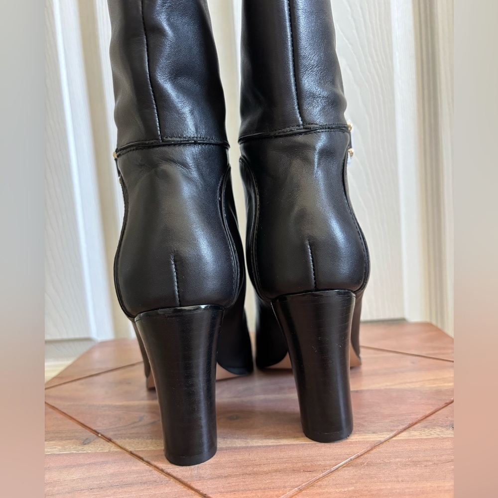 Express Black Genuine Leather Heeled Boots with Gold Accent - Picture 5 of 8